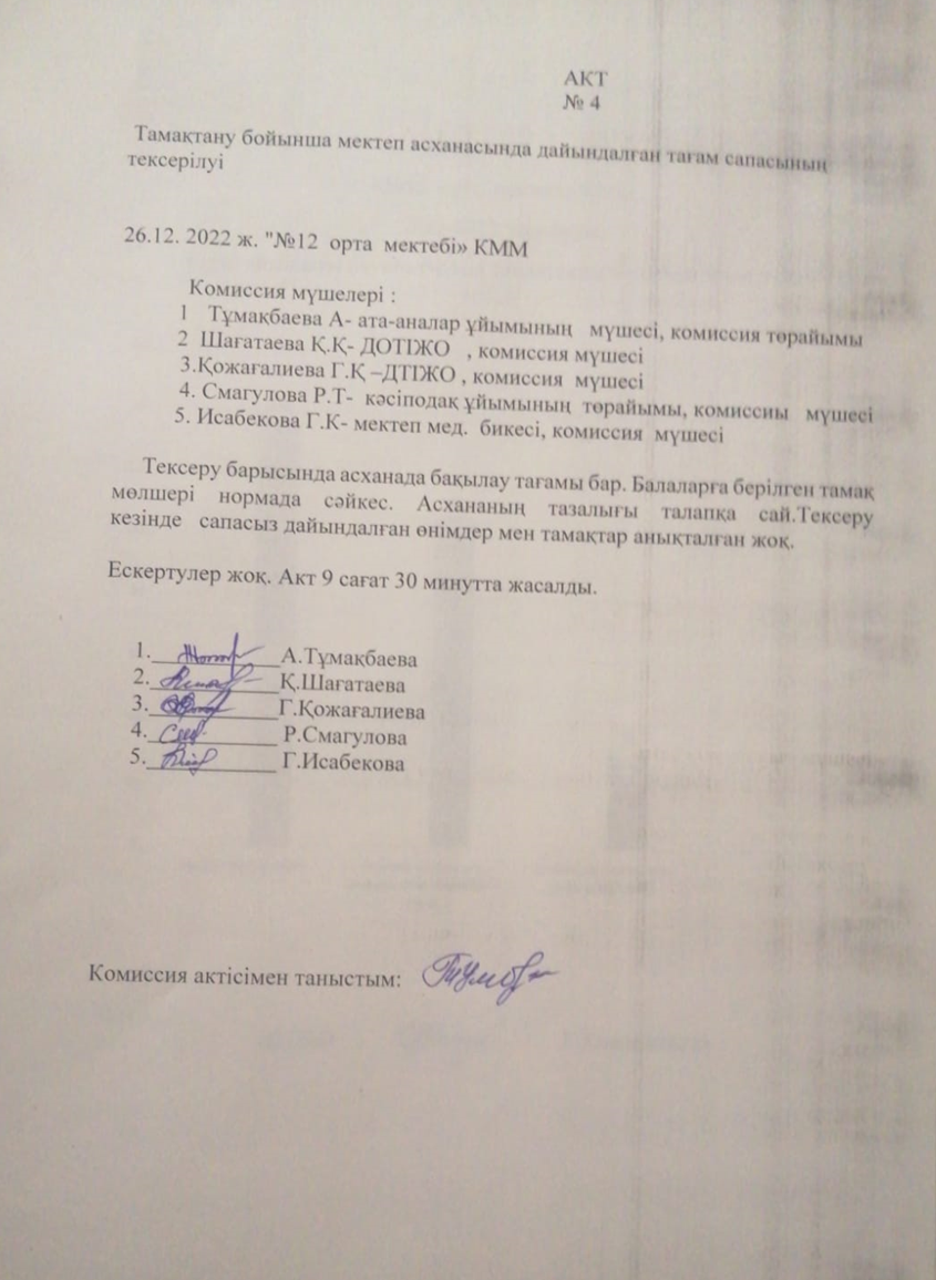 Тамақтану бойынша мектеп асханасында дайындалған тағам сапасының тексерілуі