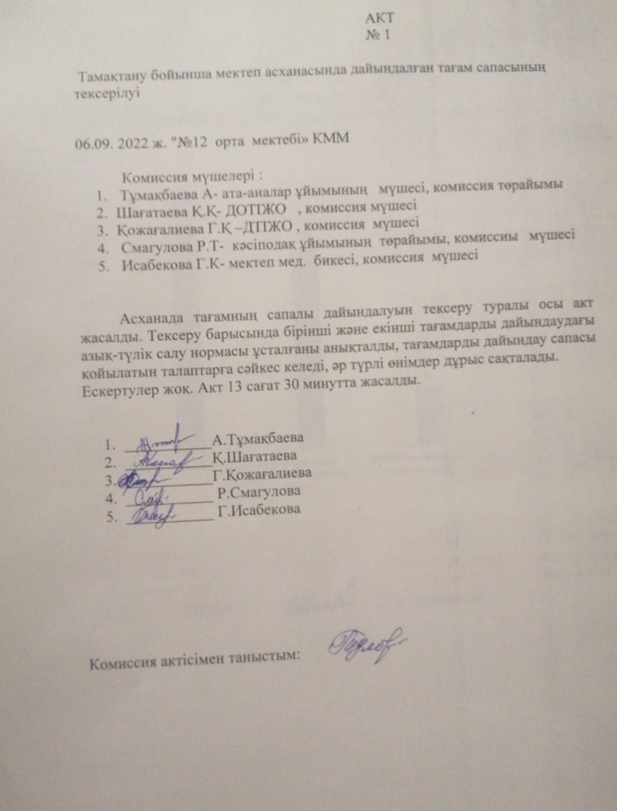 Тамақтану бойынша мектеп асханасында дайындалған тағам сапасының тексерілуі